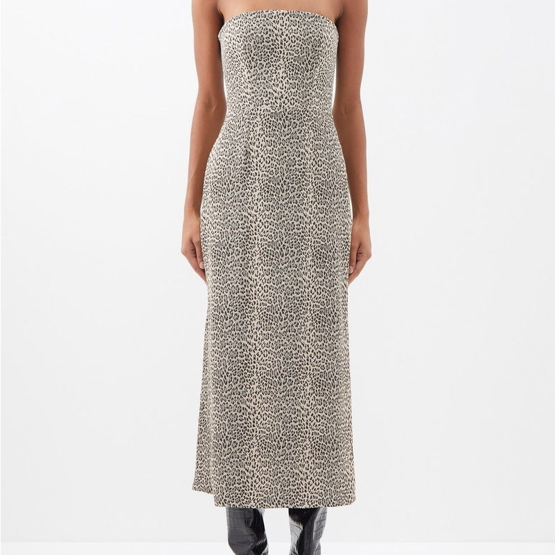 Leopard-Print Bandeau-Neck Crepe Midi Dress